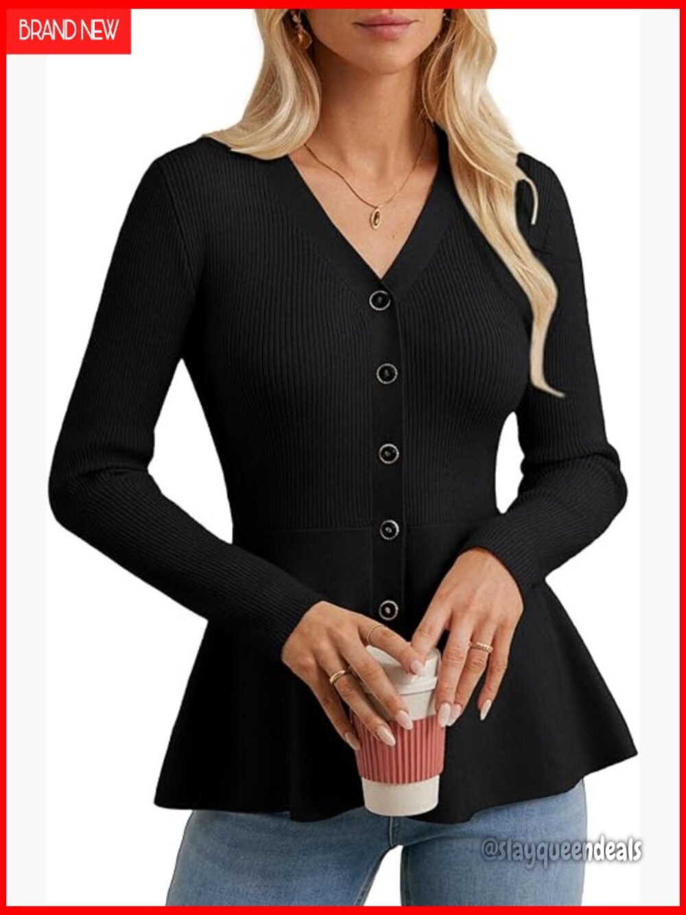 Long Sleeve Cardigan Sweater Women Button Knit Blazer Peplum Top